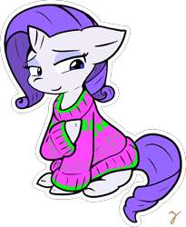 Size: 1141x1393 | Tagged: safe, artist:zutcha, character:rarity, species:pony, species:unicorn, clothing, female, lidded eyes, mare, simple background, sitting, smiling, solo, sweater, transparent background