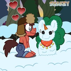 Size: 768x768 | Tagged: safe, artist:snakeythingy, character:saffron masala, oc, oc:sketchy dupe, blushing, clothing, dupala, hat, heart, implied saffron masala, sketchffron, snow pony, snowpony, story included, ushanka, when you see it