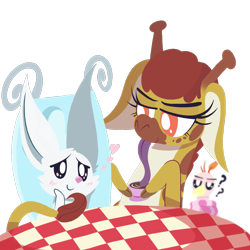 Size: 1000x1000 | Tagged: safe, artist:dragonpone, derpibooru original, character:angel bunny, character:clementine, species:bird, species:rabbit, episode:yakity-sax, g4, my little pony: friendship is magic, angina, blushing, chair, confused, cup, drinking, female, floating heart, floppy ears, food, giraffe, heart, lidded eyes, long tongue, male, question mark, shipping, simple background, smiling, straight, table, tea, teacup, tongue out, transparent background