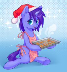 Size: 1265x1354 | Tagged: safe, artist:lightning-stars, oc, oc only, oc:seafood dinner, species:pony, species:unicorn, apron, christmas, clothing, cookie, food, hat, holiday, open mouth, santa hat, sitting, snack, underhoof