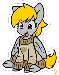 Size: 607x768 | Tagged: safe, artist:zutcha, character:derpy hooves, species:pegasus, species:pony, clothing, cute, derpabetes, female, happy, mare, open mouth, simple background, sitting, smiling, solo, sweater, transparent background, underp