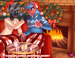 Size: 4400x3400 | Tagged: safe, artist:ladypixelheart, oc, oc only, species:anthro, bow, candle, christmas, clothing, cookie, couple, fire, fireplace, food, holding hands, holiday, ornaments, patreon, patreon logo, shipping, sweater, tree, wreath