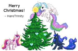 Size: 358x238 | Tagged: safe, artist:haretrinity, character:princess cadance, character:princess celestia, character:princess luna, species:alicorn, species:pony, christmas, christmas tree, female, flying, holiday, mare, pixel art, ponified, royal sisters, simple background, transparent background, tree