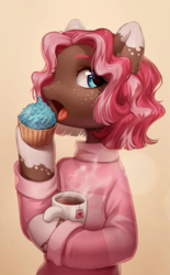 Size: 1899x3063 | Tagged: safe, artist:aphphphphp, oc, oc only, oc:ginger, species:earth pony, species:pony, clothing, cupcake, eating, female, food, freckles, hoof hold, mare, mug, open mouth, sweater, tea, teabag