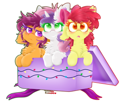 Size: 1024x872 | Tagged: safe, artist:vanillaswirl6, character:apple bloom, character:scootaloo, character:sweetie belle, species:earth pony, species:pegasus, species:pony, species:unicorn, bow, box, cheek fluff, chest fluff, christmas, cute, cutie mark crusaders, ear fluff, floppy ears, fluffy, hair bow, holiday, open mouth, pony in a box, pony present, present, redraw, ribbon, signature, simple background, smiling, transparent background
