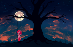 Size: 2300x1500 | Tagged: safe, artist:mirtash, rcf community, character:pinkie pie, species:earth pony, species:pony, dead tree, eyes closed, female, full moon, moon, night, scenery, solo, swing, tree