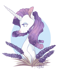 Size: 700x794 | Tagged: safe, artist:laceymod, character:rarity, species:pony, species:unicorn, abstract background, bust, female, flower, get, index get, lidded eyes, mare, portrait, profile, red nosed, smiling, solo