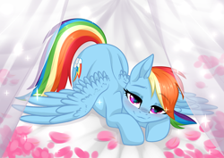 Size: 3465x2454 | Tagged: safe, artist:rioshi, artist:sparkling_light, artist:starshade, character:rainbow dash, species:pegasus, species:pony, g4, ass up, bed, bedroom eyes, blushing, cute, cutie mark, dashabetes, eyebrows, eyebrows visible through hair, female, flower petals, lidded eyes, looking at you, mare, solo, wing fluff, wings, ych result