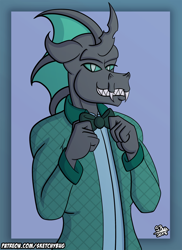Size: 1024x1408 | Tagged: safe, artist:sketchybug, oc, oc only, oc:chelicera, species:anthro, species:changeling, bow tie, clothing, green changeling, grin, smiling, solo, suit