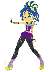 Size: 1490x2170 | Tagged: safe, artist:ilaria122, oc, oc:shining swirls, parent:flash sentry, parent:sunset shimmer, parents:flashimmer, my little pony:equestria girls, boots, clothing, female, fingerless gloves, gloves, leather leggings, next generation, offspring, one eye closed, ponied up, ripped pants, shoes, simple background, smiling, solo, transparent background