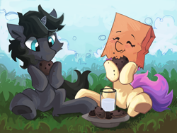 Size: 2824x2123 | Tagged: safe, artist:saxopi, oc, oc only, oc:paper bag, oc:pi, species:earth pony, species:pony, species:unicorn, blushing, cloud, cookie, cup, cute, eating, eyes closed, female, food, grass, male, mare, milk, paper bag, sky, stallion