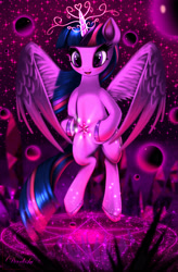 Size: 3360x5120 | Tagged: safe, artist:darksly, character:twilight sparkle, character:twilight sparkle (alicorn), species:alicorn, species:pony, blushing, element of magic, female, floating, glowing horn, heart, magic, magic circle, mare, open mouth, signature, solo, sparkles, wings
