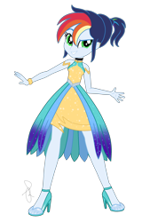 Size: 1470x2179 | Tagged: safe, artist:ilaria122, oc, oc:sky, parent:rainbow dash, parent:soarin', parents:soarindash, my little pony:equestria girls, alternate hairstyle, bare shoulders, bracelet, choker, clothing, crystal gala, crystal gala dress, dress, female, high heels, jewelry, next generation, offspring, shoes, simple background, sleeveless, smiling, solo, transparent background