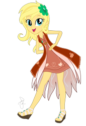 Size: 1480x2170 | Tagged: safe, artist:ilaria122, oc, oc:applemel, parent:applejack, parent:caramel, parents:carajack, my little pony:equestria girls, alternate hairstyle, cardigan, clothing, crystal gala, crystal gala dress, dress, female, hairclip, high heels, jewelry, necklace, next generation, offspring, open mouth, sandals, shoes, simple background, solo, transparent background
