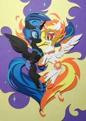 Size: 1661x2347 | Tagged: safe, artist:jiuweidehuli, artist:tomatocoup, character:daybreaker, character:nightmare moon, character:princess celestia, character:princess luna, species:alicorn, species:pony, episode:a royal problem, g4, my little pony: friendship is magic, armor, chest fluff, craft, duo, eye contact, female, helmet, looking at each other, mane of fire, mare, papercraft, traditional art