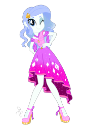 Size: 1480x2179 | Tagged: safe, artist:ilaria122, oc, oc:sapphire blue, parent:fancypants, parent:rarity, parents:raripants, my little pony:equestria girls, alternate hairstyle, clothing, crystal gala, crystal gala dress, dress, female, high heels, next generation, offspring, one eye closed, shoes, simple background, smiling, solo, transparent background