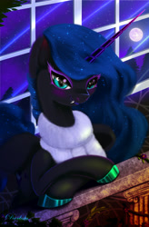 Size: 3360x5120 | Tagged: safe, artist:darksly, character:nightmare moon, character:princess luna, species:alicorn, species:pony, clothing, commission, fangs, female, full moon, mare, missing accessory, moon, reflection, relaxing, reward, smiling, solo