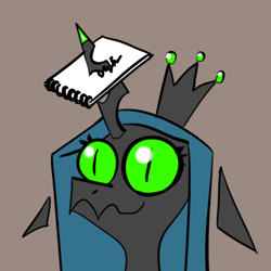 Size: 512x512 | Tagged: source needed, useless source url, safe, artist:chrysalisdraws, character:queen chrysalis, species:changeling, bust, changeling queen, crown, fangs, female, floating ears, floppy ears, gray background, horn impalement, jewelry, notepad, regalia, simple background, slit eyes, smiling, solo, wavy mouth