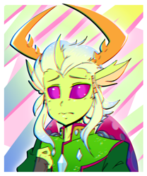 Size: 500x600 | Tagged: safe, artist:thegreatrouge, character:thorax, species:anthro, species:changeling, species:reformed changeling, abstract background, chromatic aberration, cute, elf ears, male, solo, thorabetes