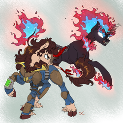 Size: 2000x2000 | Tagged: safe, artist:sourcherry, oc, oc only, unnamed oc, species:kirin, fallout equestria, armor, clothing, cloven hooves, fallout, female, fire, hooves, horn, kirin oc, leonine tail, long mane, mane, mane of fire, nirik, pipboy, pipbuck, scales, solo, vault suit, wasteland ventures