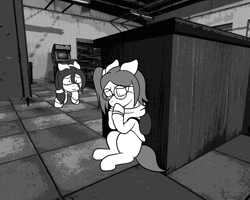 Size: 1280x1024 | Tagged: safe, artist:scraggleman, oc, oc only, oc:floor bored, oc:taku, species:earth pony, species:pony, backpack, clothing, female, glasses, mare, monochrome, scared, sitting, story included, story:lost and found, sweater, teary eyes
