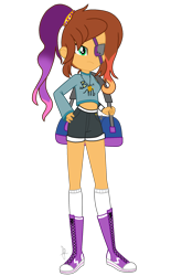Size: 1480x2380 | Tagged: safe, artist:ilaria122, oc, oc:daylight, parent:starlight glimmer, parent:sunburst, parents:starburst, my little pony:equestria girls, bag, clothing, eyepatch, female, jewelry, jumper, midriff, necklace, next generation, offspring, ponytail, shoes, short shirt, shorts, simple background, sneakers, socks, solo, transparent background