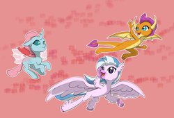 Size: 11000x7500 | Tagged: safe, artist:chedx, character:ocellus, character:silverstream, character:smolder, species:changeling, species:classical hippogriff, species:dragon, species:hippogriff, species:reformed changeling, absurd resolution, cute, diaocelles, diastreamies, dragoness, female, flying, open mouth, pink background, simple background, smolderbetes, trio