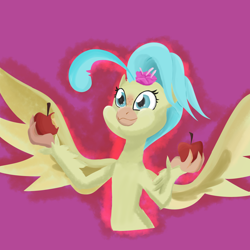 Size: 7000x7000 | Tagged: safe, artist:chedx, character:princess skystar, species:hippogriff, g4, my little pony: the movie (2017), absurd resolution, apple, aweeg*, female, food, freckles, puffy cheeks, purple background, simple background, skyabetes, solo