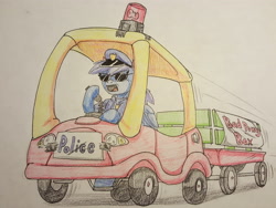 Size: 3984x2988 | Tagged: safe, artist:tracerpainter, oc, species:pegasus, species:pony, colored, kid toy, police, police officer, red light, toy, toy car, traditional art, wagon