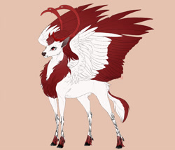 Size: 1024x878 | Tagged: safe, artist:dementra369, oc, oc only, oc:war, species:deer, antlers, calm, chest fluff, colored wings, colored wingtips, deer oc, doe, eikerren, female, non-pony oc, original species, red eyes, simple background, solo, spread wings, tan background, wings