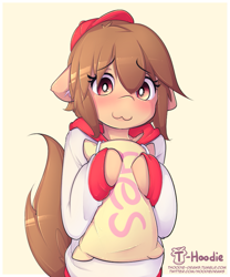 Size: 693x833 | Tagged: safe, artist:hoodie, oc, oc only, oc:fun fact, :3, blushing, clothing, cute, happy, hat, hoodie, pillow, semi-anthro