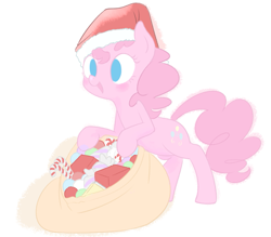 Size: 1253x1099 | Tagged: safe, artist:tex, character:pinkie pie, bag, clothing, female, hat, present, santa hat, solo