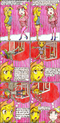Size: 1162x2367 | Tagged: safe, artist:meiyeezhu, character:applejack, character:pinkie pie, character:rainbow dash, species:human, old master q, anime, barn, clothing, coat, comic, danger, dangerous, dangling, falling, hat, holding, humanized, imagination, jacket, pants, parody, reference, shocked, snow, spread wings, stunt, surprised, sweat, thought bubble, toque, window, winged humanization, wings, winter, winter jacket, worried