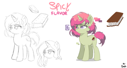 Size: 1250x672 | Tagged: safe, artist:badhthebrad, artist:cdv, oc, oc only, oc:spicy flavor, species:pony, species:unicorn, cutie mark, female, mare, piercing, reference, reference sheet, sketch, solo, text