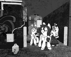 Size: 1280x1024 | Tagged: safe, artist:scraggleman, character:moondancer, oc, oc:floor bored, oc:taku, species:pony, species:unicorn, clothing, female, glasses, hoodie, monochrome, story included, story:lost and found, sweater, teary eyes, worried