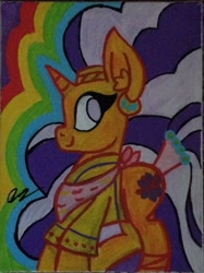 Size: 1760x2356 | Tagged: safe, artist:snakeythingy, character:saffron masala, species:pony, species:unicorn, female, mare, painting, photo, smiling, traditional art