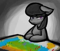 Size: 642x547 | Tagged: safe, artist:zutcha, character:octavia melody, species:earth pony, species:pony, board game, female, floppy ears, glare, gradient background, looking at you, mare, risk, solo, unamused