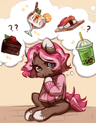 Size: 1280x1644 | Tagged: safe, artist:aphphphphp, oc, oc only, oc:ginger, species:earth pony, species:pony, cake, clothing, food, ice cream, smoothie, solo, sushi, sweater, thought bubble