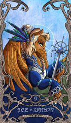 Size: 822x1425 | Tagged: safe, artist:sourcherry, oc, oc:threnody, species:pegasus, species:pony, fallout equestria, ace of wands, armor, clothing, fallout equestria: speak, fanfic art, feather, female, headress, mare, solo, staff, tarot, tarot card, wings