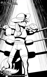 Size: 800x1295 | Tagged: safe, artist:omny87, character:applejack, species:anthro, species:unguligrade anthro, series:ink's warming eve, black and white, boxing, boxing gloves, boxing ring, breasts, bruised, clothing, compression shorts, corner, drinking, female, grayscale, hat, monochrome, resting, solo, sports, sports bra