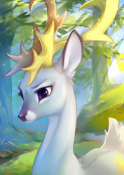 Size: 1060x1500 | Tagged: safe, artist:tomatocoup, character:princess celestia, species:deer, antlers, butt fluff, colored pupils, crepuscular rays, cute, cutelestia, deerified, doe, ear fluff, female, fluffy, forest, nature, neck fluff, shoulder fluff, solo, species swap, tail fluff