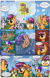 Size: 2030x3130 | Tagged: safe, artist:sirzi, character:apple bloom, character:scootaloo, character:sweetie belle, species:alicorn, species:earth pony, species:pegasus, species:pony, species:unicorn, comic:talisman for a pony, alicornified, bow, cloud, comic, dialogue, eyes closed, female, filly, fish, floppy ears, frog, grass, hair bow, helmet, imagine spot, jackie chan adventures, jewelry, open mouth, race swap, regalia, scooter, sky, smiling, speech bubble, talisman, trio, water, wet, wet mane