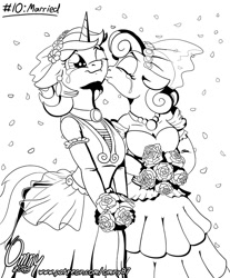 Size: 800x965 | Tagged: safe, artist:omny87, character:bon bon, character:lyra heartstrings, character:sweetie drops, species:anthro, species:earth pony, species:pony, species:unicorn, series:ink's warming eve, ship:lyrabon, black and white, bouquet, bride, clothing, crying, dress, female, grayscale, kiss on the cheek, kissing, lesbian, mare, marriage, married couple, monochrome, shipping, tears of joy, wedding, wedding dress