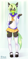 Size: 1417x2935 | Tagged: safe, artist:hoodie, oc, oc only, oc:serenity, species:anthro, species:pony, species:unicorn, anthro oc, beckoning, clothing, crossdressing, cute, femboy, looking at you, male, mary janes, miniskirt, moe, pleated skirt, sailor uniform, shoes, skirt, socks, solo, thigh highs, underass, uniform, zettai ryouiki