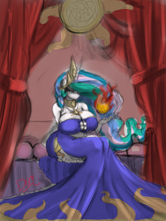 Size: 1800x2400 | Tagged: safe, artist:thelunarmoon, character:princess celestia, species:anthro, big breasts, breasts, busty princess celestia, cleavage, clothing, colored sketch, dress, female, fire, huge breasts, magic, solo, stupid sexy celestia