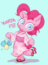 Size: 1492x2048 | Tagged: safe, artist:noupu, character:pinkie pie, species:pony, bipedal, blue background, clothing, colored pupils, cute, diapinkes, female, hoof hold, sandals, semi-anthro, simple background, solo, yukata
