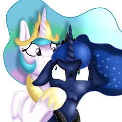 Size: 1280x1280 | Tagged: safe, artist:jbond, artist:yakoshi, edit, character:princess celestia, character:princess luna, species:pony, color edit, colored, floppy ears, frown, looking at each other, painting, royal sisters, simple background, smiling, teasing, white background