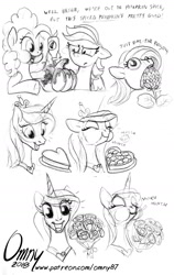 Size: 800x1266 | Tagged: safe, artist:omny87, character:fluttershy, character:pinkie pie, character:princess cadance, character:rainbow dash, species:pony, candy, chocolate, dialogue, eating, flower, food, herbivore, horses doing horse things, monochrome, pumpkin, sketch