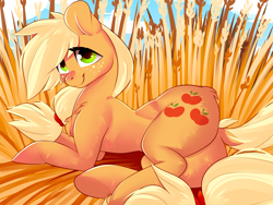 Size: 2000x1500 | Tagged: safe, artist:amberpendant, character:applejack, species:earth pony, species:pony, anatomically incorrect, beautiful, cute, dock, female, field, freckles, hair, hatless, incorrect leg anatomy, jackabetes, looking at you, lying down, mare, missing accessory, plot, solo, tail, underhoof