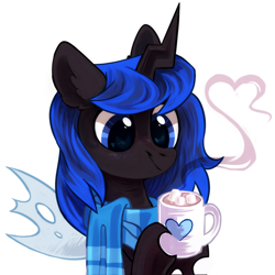 Size: 1700x1700 | Tagged: safe, artist:mirtash, rcf community, oc, oc only, oc:blue visions, species:changeling, blue changeling, changeling oc, clothing, cup, digital art, female, food, hot chocolate, insect wings, marshmallow, scarf, solo, ych result